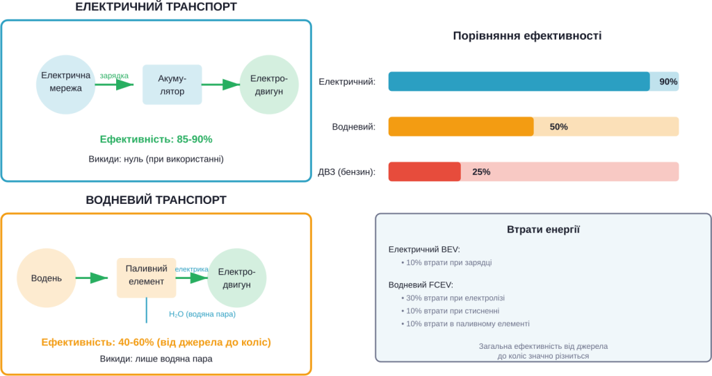 Порівняння процесів перетворення енергії в електричних and водневих транспортних засобах з показниками ефективності