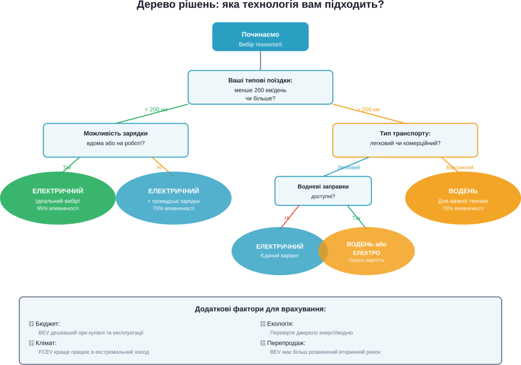 Дерево рішень for вибору між електричними and водневими транспортними засобами на основі індивідуальних потреб and умов експлуатації