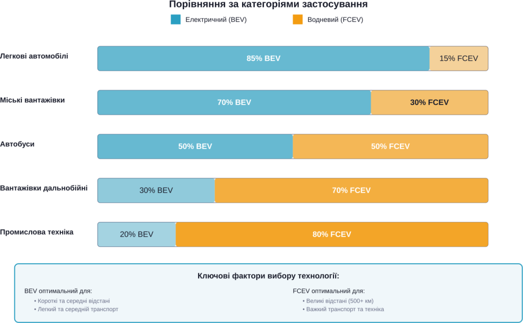 Рекомендоване застосування електричних and водневих технологій за категоріями транспорту на основі поточних технічних and економічних факторів
