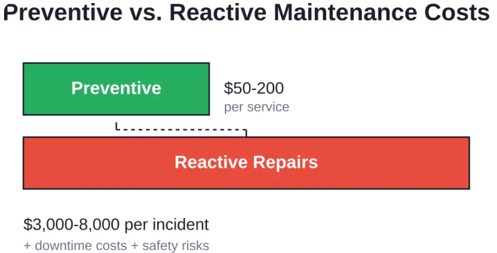 Comparison showing the cost difference between preventive maintenance and reactive repairs, highlighting potential savings of 95% or more.