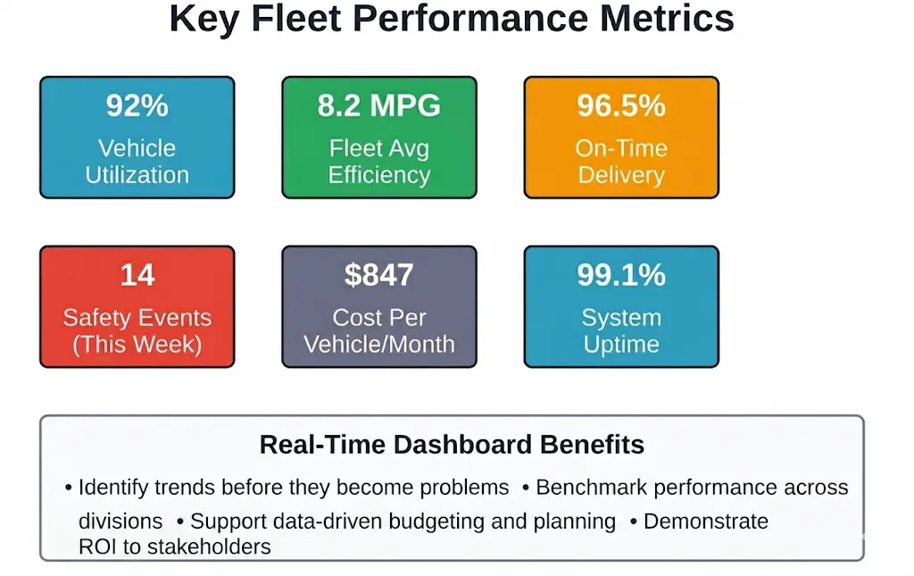 Comprehensive analytics dashboards track critical metrics across safety, efficiency, cost control, and service delivery dimensions.